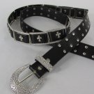 New Women Silver Cross Rhinestones Black Faux Leather Fashion Belt M L 34"-39"