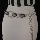 New Women Silver Rings Rhinestones Black Faux Leather Fashion Belt S M 27"-35"