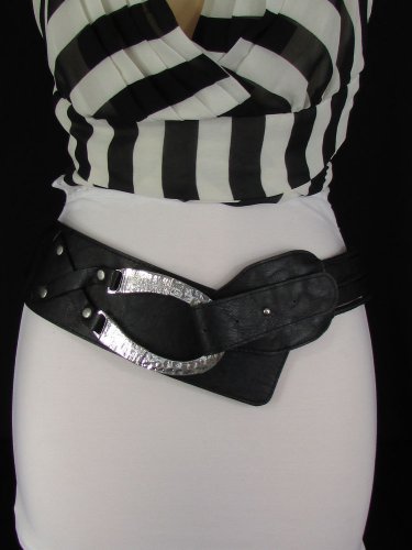 New Women Silver Hook Buckle Black Faux Leather Fashion Belt Hip Waist M 32"-34"