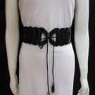 WOMEN WAIST HIP BLACK ELASTIC BRAIDED FASHION BELT LONG FRINGES 26"-32" XS S M