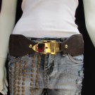 WOMEN WAIST HIP DARK BROWN ELASTIC FASHION BELT CLASSIC GOLD BUCKLE 27"-33" S M