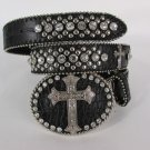 New Women Black Leather Western Fashion Belt Big Cross Rhinestone Buckle S/M M/L