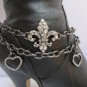 WOMEN PEWTER RHINESTONES BOOT CHAIN STRAP WESTERN SHOE CHARM FLEUR DE LIS HEARTS