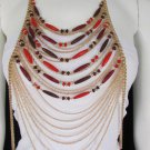 New Women Gold Metal Body Chain Jewelry Long Fashion Necklace Blue / Red Beads