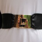 NEW WOMEN WAIST HIP WIDE BLACK ELASTIC FASHION BELT BIG GOLD BUCKLE 30"-35" S M