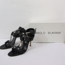 MANOLO BLAHNIK WOMEN BLACK LEATHER SILVER CHAINS ANKLET BELT HIGH HEELS SHOES 37