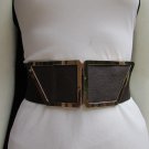 NEW WOMEN WAIST HIP BROWN ELASTIC FASHION BELT GOLD 80'S BUCKLE 25"-34" XS S M