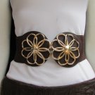 WOMEN WAIST HIP BROWN ELASTIC FASHION BELT BIG GOLD FLOWERS BUCKLE 27"-37" S M L