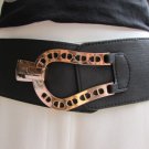 NEW WOMEN WAIST HIP BLACK ELASTIC FASHION BELT GOLD HORSE SHOE BUCKLE S M L