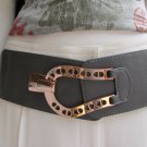 WOMEN WAIST HIP GRAY ELASTIC FASHION BELT GOLD HORSE SHOE BUCKLE 28"-38" S M L