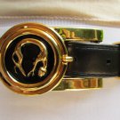 WOMEN BLACK FAUX LEATHER FASHION BELT GOLD METAL CHEETAH TIGER BUCKLE 25"-29"S/M