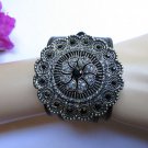 B. NEW WOMEN SILVER BIG FLOWERS FASHION BLACK FAUX LEATHER BRACELET RHINESTONES