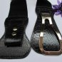 WOMEN WAIST HIP BLACK ELASTIC FASHION BELT LONG GOLD METAL BUCKLE 25"-35" XS S M
