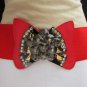 WOMEN RED WAIST HIP ELASTIC FASHION BELT BIG BOW PEWTER BUCKLE 27"-35" S-M-L