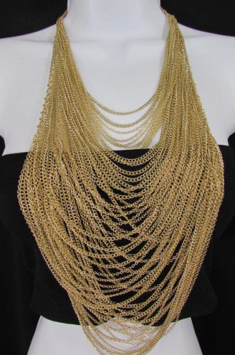 NEW WOMEN 18" LONG GOLD MULTI WAVES STRANDS CHAINS FASHION NECKLACE +EARRINGS