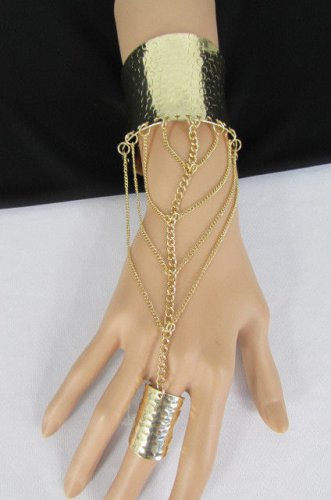 New Women Gold Thin Strands Metal Hand Chains Fashion Cuff Bracelet Slave Ring