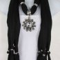 NEW WOMEN SOFT FABRIC BLACK SCARF LONG FASHION NECKLACE BIG FLOWER SUN PENDANT