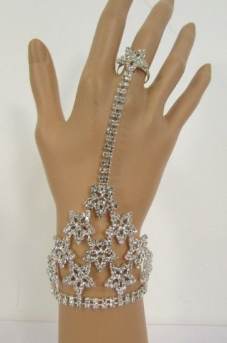 New Women Silver Flower Falling Star Rhinestones Slave Ring Bracelet Hand Chain