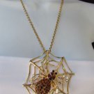 NEW WOMEN GOLD NECKLACE STATEMENT BROWN RHINESTONES LARGE SPIDER 15" DROP