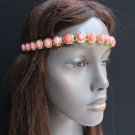 NEW WOMEN GOLD METAL HEAD CHAIN FASHION JEWELRY BIG PINK BEADS ELASTIC HEADBAND