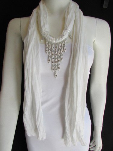 WOMEN WHITE FASHION SOFT SCARF LONG NECKLACE TRIANGLE BIG RHINESTONES PENDANT