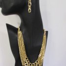 New Women Gold 3 Thick Chains Links Strands Trendy Fashion Necklace + Earrings