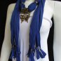 WOMEN BLUE FASHION SOFT SCARF LONG NECKLACE BIG PEWTER BEADS BUTTERFLY PENDANT