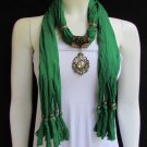 WOMEN GREEN FASHION SOFT SCARF LONG NECKLACE BIG SILVER CENTER BEAD PENDANT