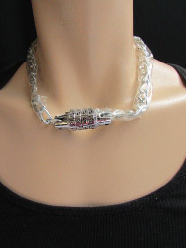 MEN CHUNKY SILVER METAL CHAINS BIG NUMBERS LOCK PENDANT TRENDY FASHION NECKLACE