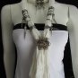 WOMEN SOFT WHITE FABRIC FASHION SCARF SPIKES LONG NECKLACE FLOWER MAGNET PENDANT