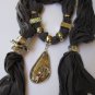 WOMEN SOFT FABRIC FASHION D. GRAY SCARF LONG NECKLACE METAL ROSE FLOWER PENDANT