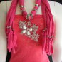 NEW WOMEN SOFT FABRIC PINK FASHION SCARF LONG NECKLACE HUGE BUTTERFLY PENDANT