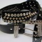 WOMEN FAUX LEATHER BLACK STUDED BELT SILVER RHINESTONES SHINY SPIKES S M SIZE