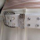WOMEN WHITE FAUX LEATHER BELT SILVER BUCKLE WESTERN PEACE SIGN RHINESTONES S M