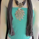 WOMEN D. GRAY SOFT FABRIC FASHION SCARF LONG NECKLACE BIG SILVER PEACOCK PENDANT