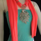 WOMEN NEON CORAL FABRIC FASHION SCARF LONG NECKLACE BIG SILVER PEACOCK PENDANT