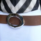 NEW WOMEN HIP WAIST BROWN FAUX LEATHER BELT BIG SILVER BUCKLE 31"-33" MEDIUM