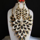 NEW WOMEN GOLD BIG FLOWER BLACK WHITE LEAVES LONG NECKLACE RHINESTONES +EARRINGS