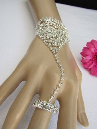 WOMEN SILVER TRIANGLE METAL HAND CHAINS FASHION SLAVE RHINESTONES BRACELET RING