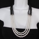 New Women 3 Strands Fashion Necklace Mini Imitation Pearl Black Beads 22" Long