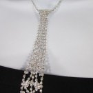 New Women Fashion Necklace Silver Metal Chain Long Tie Pendant White Rhinestones