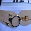 NEW WOMEN ELASTIC BEIGE WIDE TRENDY FASHION BELT SILVER METAL BUCKLE S M L