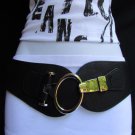 NEW WOMEN ELASTIC BLACK WIDE TRENDY FASHION BELT SILVER METAL BUCKLE 29"-37" S/L
