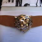 NEW WOMEN ELASTIC MOCHA BROWN FASHION BELT GOLD TIGER HEAD BUCKLE 26"-36" S M L