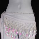 New Women White Fabric Low Hip Waist Tie Fashion Belt Pearl Beads S M 28"-35"