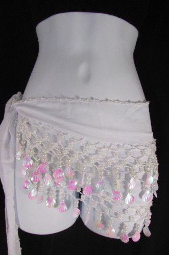 New Women White Fabric Low Hip Waist Tie Fashion Belt Pearl Beads S M 28"-35"