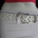 WOMEN FAUX LEATHER WESTERN WHITE BELT FLOWERS SILVER BEADS BUCKLE 28"-33" SMALL