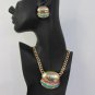 New Women Gold Metal Chain Hip Hop Fashion Necklace Hamburger Pendant + Earrings