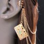 WOMEN GOLD CASSETTE METAL MULTI CHAINS FASHION HAIR PIN CONNECTED CUFF EARRING