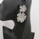 New Women Silver Long Metal Fashion Earrings Set Big Flowers Rhinestones Dangle